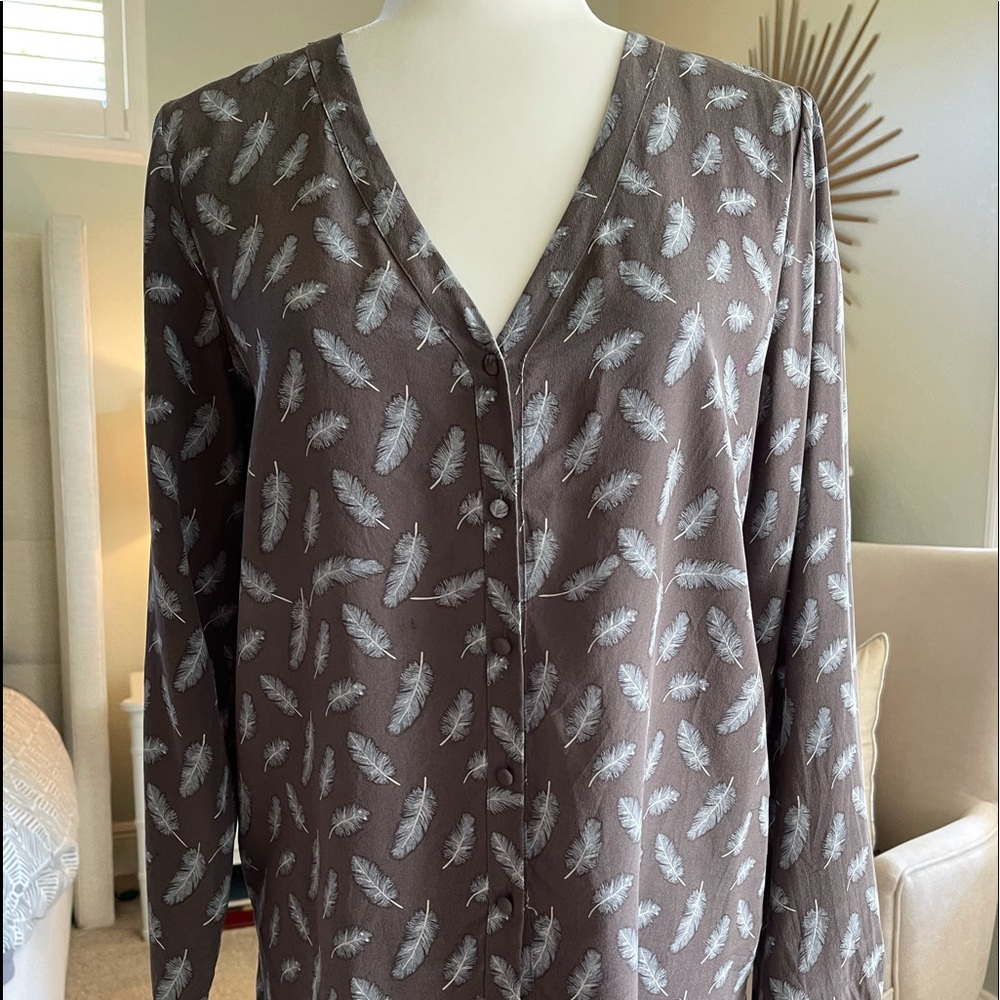 Joie gray silk top, blue feathers, button down